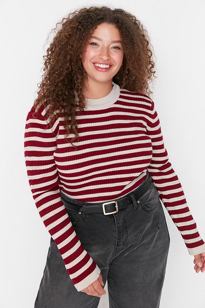 Trendyol Curve Claret Red Striped Corded Body Wrap Knitwear Sweater Tbbaw23An00019