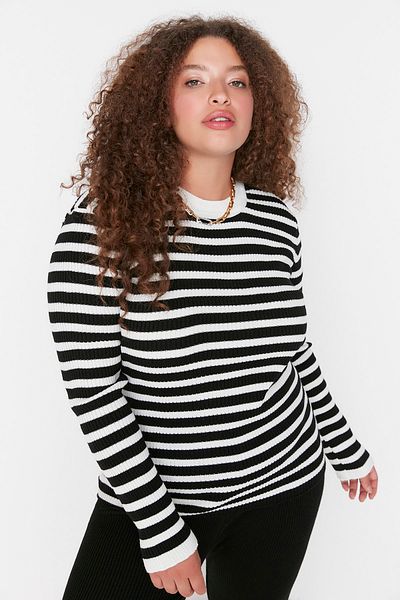 Trendyol Curve Black Striped Ribbed Body Hugging Sweater Tbbaw23An00019