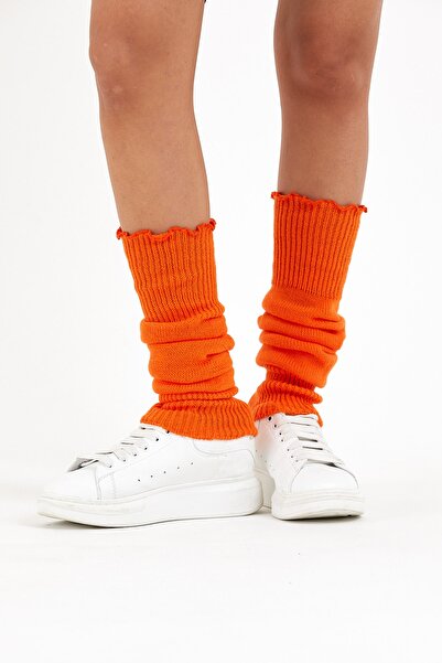 SOCKS WORLD Kadın Kalın Pamuklu Kışlık Tozluk&aerobik Bot Çorap Kıvrımlı Model Turuncu