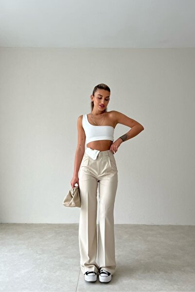 lovebox Țesătură Atlas de culoare crem - Pantaloni Palazzo cu picioare largi, cu detaliu în talie 056