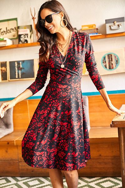 Olalook Rot-schwarz gemustertes zweireihiges Damenkleid ELB-19000994