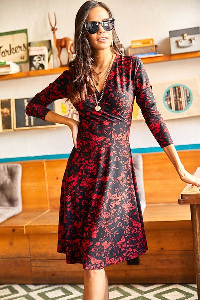 Olalook Rot-schwarz gemustertes zweireihiges Damenkleid ELB-19000994