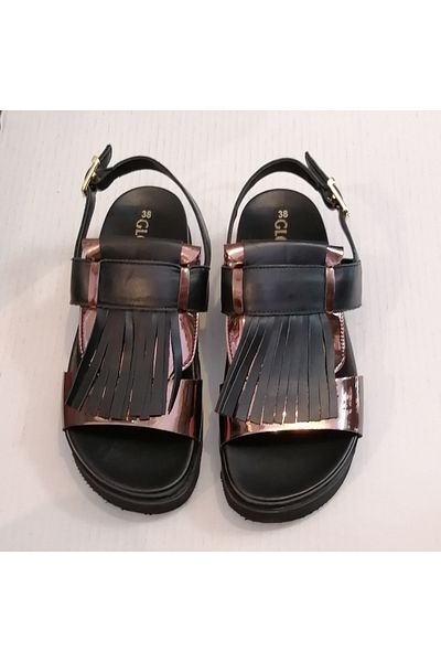 Gloria Women's Genuine Leather Black Copper Combination Tasseled Side Silver Buckle Eva Sole Sandals