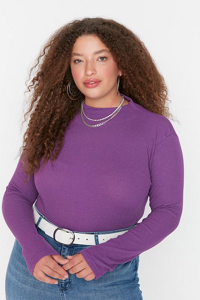 Trendyol Curve Purple Stand Collar Bodycone/Body Fitting Ribbed Knitted Plus Size Blouse Tbbaw23Af00003