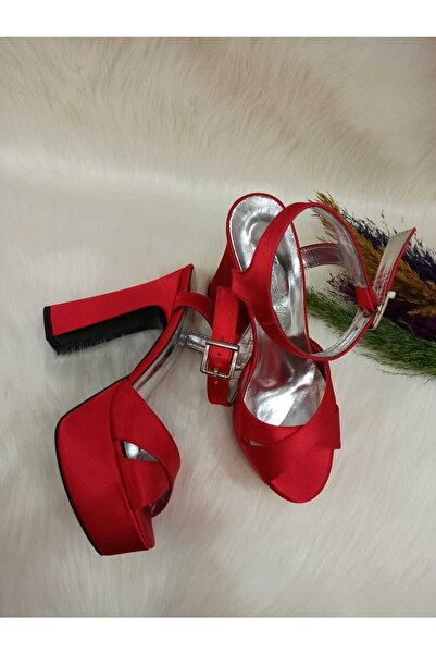 HAVVA SHOES Kımızı Saten Platform Kalın Topuklu 12 Cm Abiye Ayakkabı