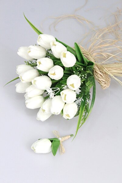 Yapay Çiçek Deposu Islak Lale Gelin Çiçeği 2li Set Naturel