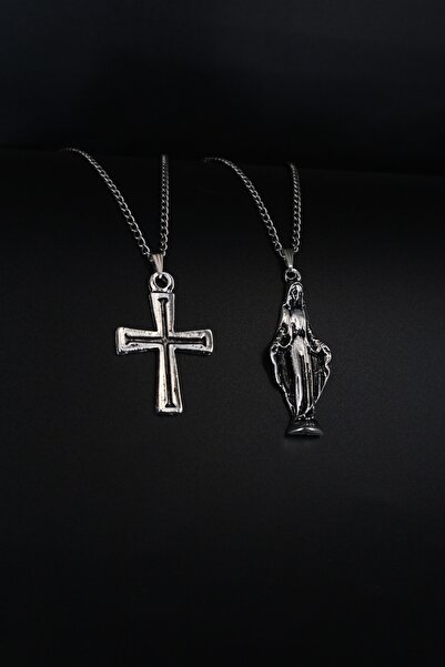 Dukkanka 2'li Haç Ve Meryem Ana Erkek Kolye Seti