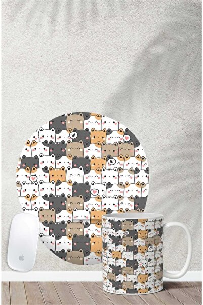 Gizeo Concept Karışık Kedi Desenli Bilek Destekli Mouse Pad Kupa Seti