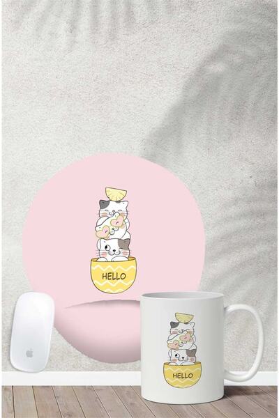 Gizeo Concept Oyuncu Kediler Desenli Bilek Destekli Mouse Pad Kupa Seti