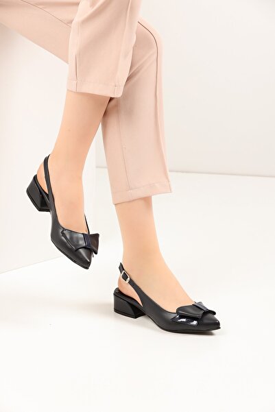 FORS SHOES Navy Blue Leather Bow Open Back Women's Heeled Shoes 3.5 Cm