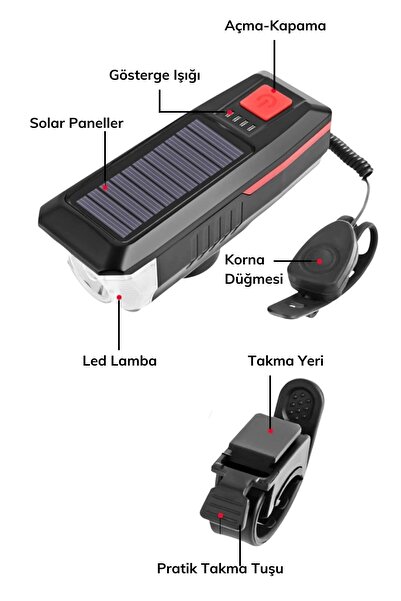 Buffer ® Solar Enerjili Usb Ile Şarj Edilebilir Ledli Bisiklet Feneri Kornalı Ve Su Geçirmez Far