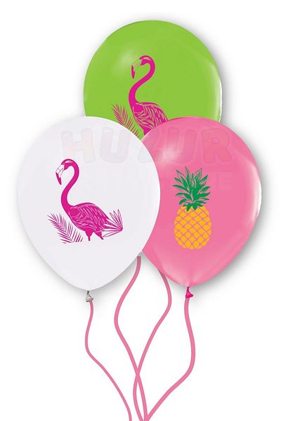 Huzur Party Store Flamingo Printed Balloon 10 Pieces 30 Cm Pineapple Leaf Detailed Birthday Party Themed Concept Ornament