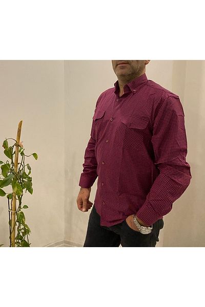 BENESSE Wide Cut Red Piti Checkered Long Sleeve Shirt