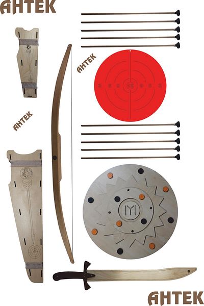 Ahtek Natural Wooden Arrow Bow and Shield Set 7 Pieces, Shield + Sword + Bow + 10 Arrows + Bow Scabbard + Quiver + Target