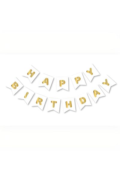 MAVİ PARTY Mini Party Store White Gold Happy Gilt Banner