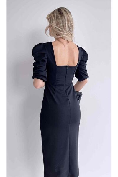 vuvutasarım Kare Yaka Esnek Kumaş Midi Boy Kısa Kollu Siyah Abiye & Mezuniyet Elbisesi 026