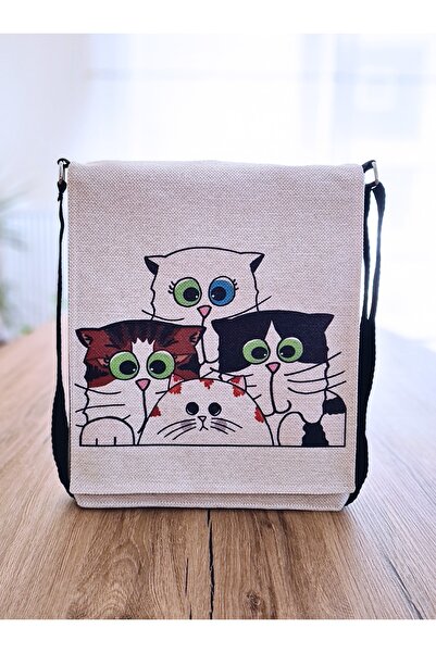 Aburcubur Atölye Kadın Kedili Keten Postacı Çantası