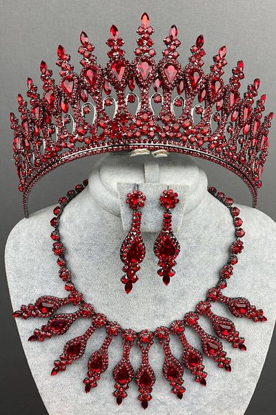 Hobigram مجموعة أقراط قلادة تاج الحناء الحمراء للعروس - إكسسوار العروس - إكسسوار العروس