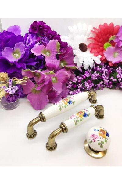 Tomurcuk 5 Adet 96 Mm Antik Sarı Lüks Porselen Kulp Özel Desenli Mutfak Vesti...