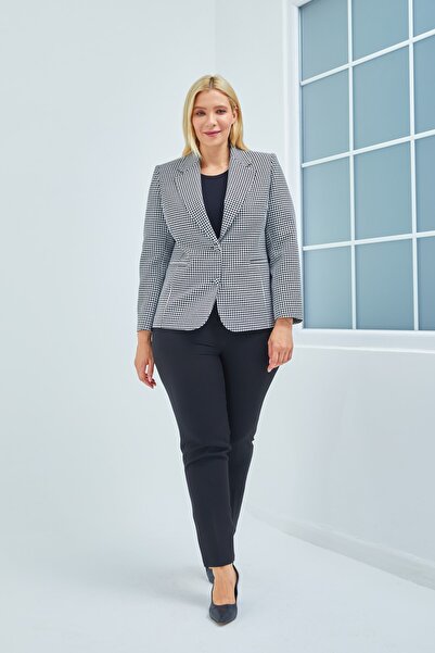 Fagi Women's Large Size Buttoned Classic Houndstooth Patterned Jacket