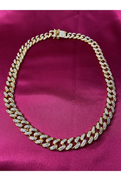 MeyMan Cuban Chain Gold Colour Zirkon Taş Işleme Standart Beden Zincir Kolye