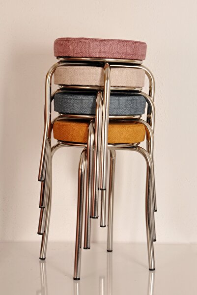 AKK TİCARET 4 Adet Desenli Renkli Kumaş Nikelajlı Demir Tabure Mutfak Taburesi