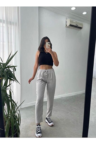 My Blog Gri Beli Bağcıklı Cepli Pantolon