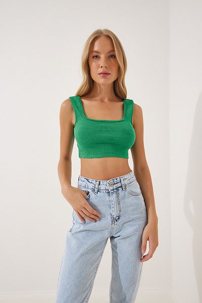 Happiness İstanbul Grüne, schnurgebundene, kurze Strickbluse für Damen GT00030
