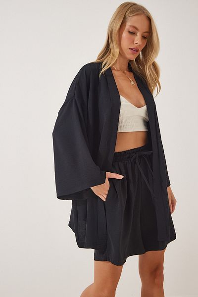 Happiness İstanbul Women's Black Flowing Ayrobin Kimono Shorts Set DZ00053