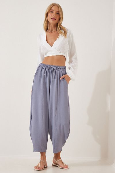 Happiness İstanbul Women's Gray Linen Shalwar Trousers CI00036