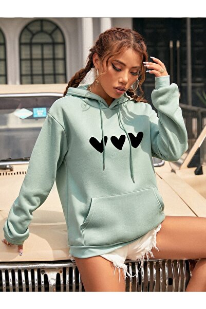 Machetta Kapüşonlu 3'lü Kalp Dizaynlı Oversize Sweatsihrt