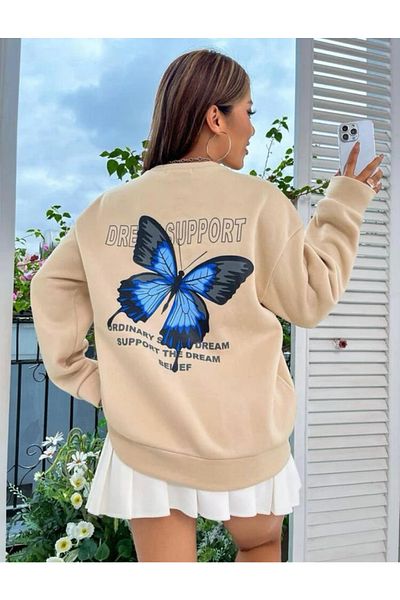 AFROGİYİM Γυναικείο μπλουζάκι μπεζ Oversize με στάμπα μπροστά πίσω με πεταλούδα