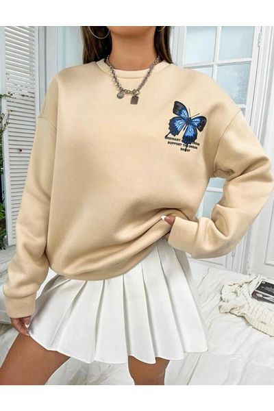 AFROGİYİM Γυναικείο μπλουζάκι μπεζ Oversize με στάμπα μπροστά πίσω με πεταλούδα