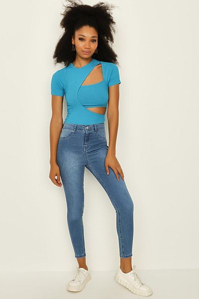 Select Moda Pantaloni skinny de damă albastru deschis cu talie înaltă
