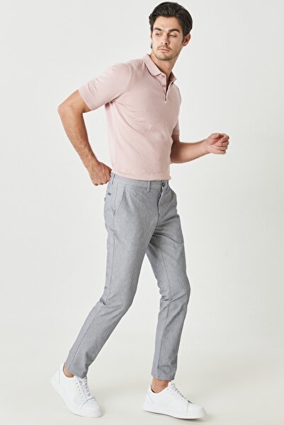 ALTINYILDIZ CLASSICS Men's Navy Blue Slim Fit Narrow Cut Striped Flexible Trousers