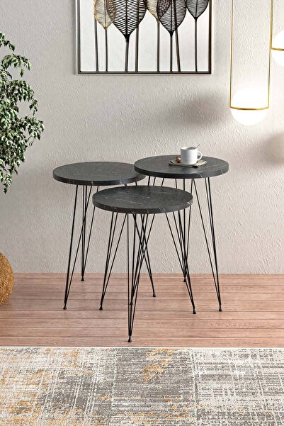 EGEMODÜLER Bendir Siyah Metal Ayaklı Ofis Sehpası Zigon Sehpa Yan Sehpa