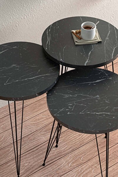 EGEMODÜLER Bendir Siyah Metal Ayaklı Ofis Sehpası Zigon Sehpa Yan Sehpa