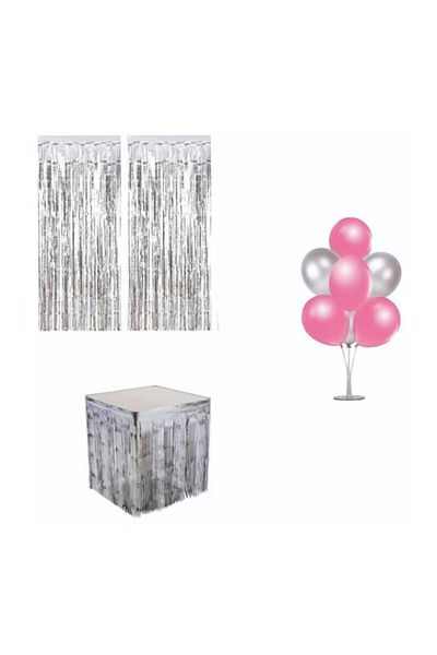 Parti Furyası Tasseled Metalized Gray Table Skirt+wall Door Curtain+balloon Stand
