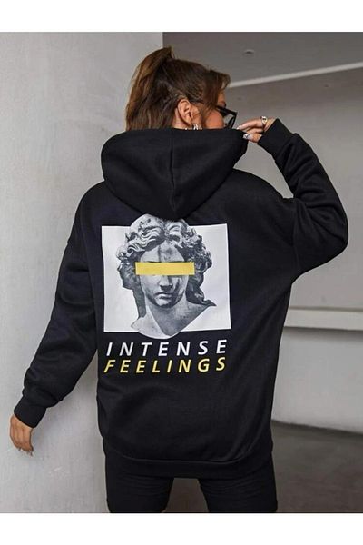 AFROGİYİM Дамски суичър с качулка и принт Intense Feelings на гърба, голям размер