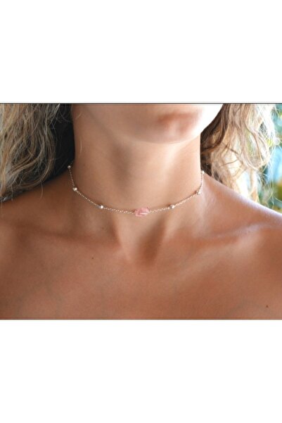 TakıConcept Terazi Burcu Pembe (gül) Kuvars Doğal Taşlı Choker Kolye