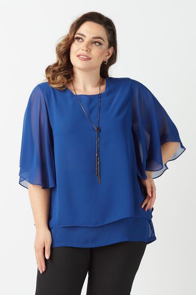 Moda Alba بالإضافة إلى حجم بلوزة الشيفون مع قلادة ساكس الأزرق الأكمام الخفافيش