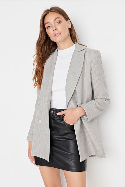 Trendyol Collection Gray Regular Lined Double Breasted Closure Woven Blazer Jacket TWOAW23CE00100