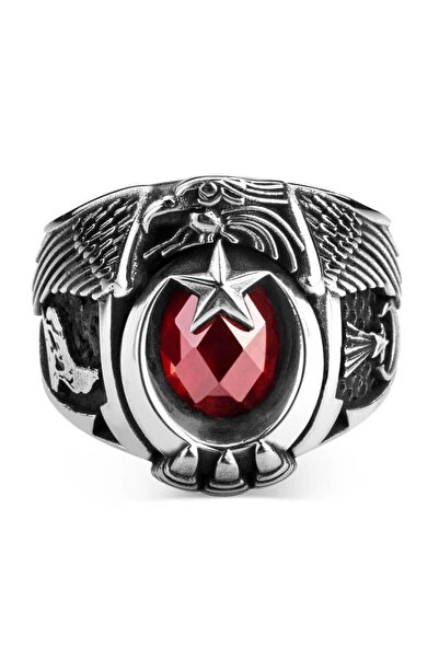 Anı Yüzük Jandarma Şualı Bozkurt Figürlü Devre Yüzüğü Kırmızı Taşlı