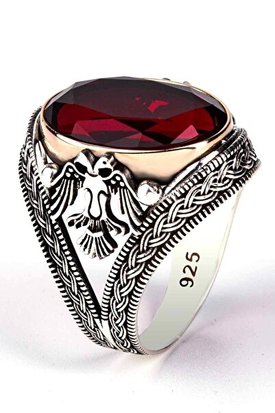 Anı Yüzük Selçuklu Çift Başlı Kartal Motifli Fasetli Kırmızı Zirkon Taşlı Erk...