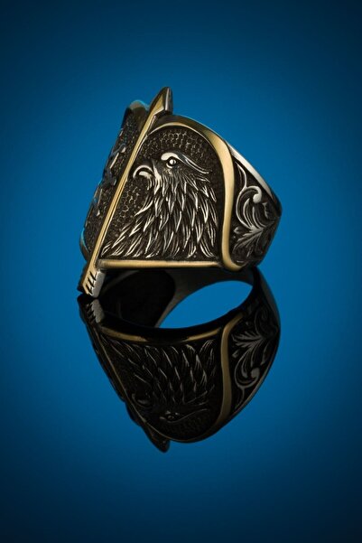 Anı Yüzük Alparslan Büyük Selçuklu Şahin Desen Yıldızlı Gümüş Erkek Yüzük