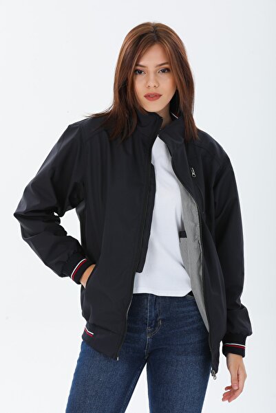 ALMİNA Kadın Oversize Su Geçirmez Lacivert Ribana Yaka Iç Astarlı Iç Cepli Günlük Mevsimlik Mont