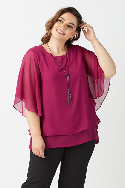 Moda Alba Μπλούζα σιφόν Violet Plus Size με Κολιέ με μανίκια