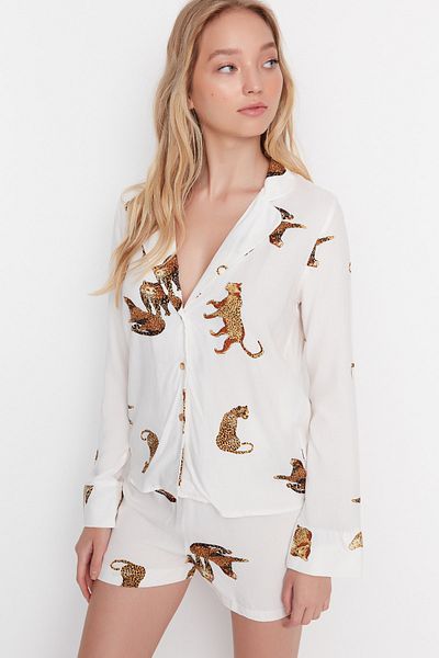 Trendyol Collection Ecru Tiger Pattern Viscose Shirt-Shorts Woven Pajamas Set THMAW21PT0340