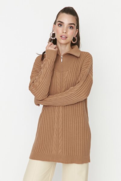 Trendyol Modest Camel Selanik Knitted Zippered Knitwear Sweater TCTAW23AK00017