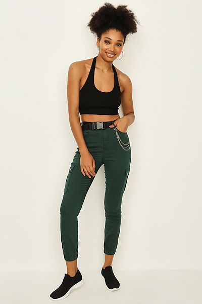 Select Moda Pantaloni cargo cu centură verde pentru femei, cu picioare elastice